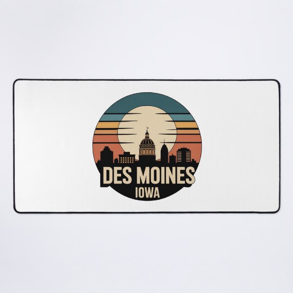 Item preview, Des Moines Iowa: Retro Blue Orange Beige Sunset Skyline Badge designed and sold by CircinusStore.
