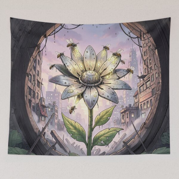 Item preview, Cyberpunk Flower with Robotic Bees in Ruins designed and sold by Marcu Ioachim.