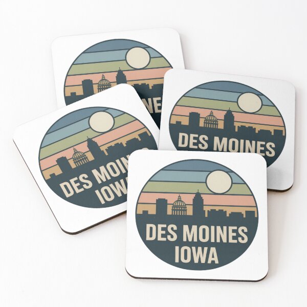 Item preview, Des Moines Iowa: Retro Blue Green Peach Sunset Skyline Badge designed and sold by CircinusStore.