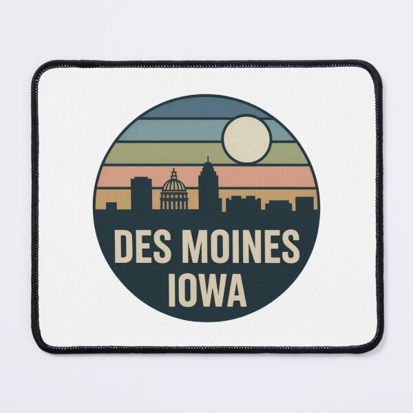 Item preview, Des Moines Iowa: Retro Blue Green Peach Sunset Skyline Badge designed and sold by CircinusStore.