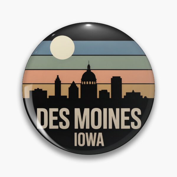 Item preview, Des Moines Iowa: Retro Blue Green Orange Sunset Skyline Badge designed and sold by CircinusStore.