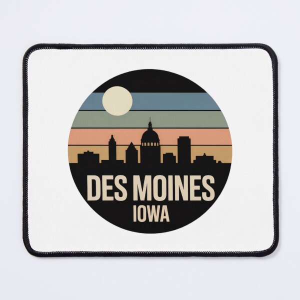 Item preview, Des Moines Iowa: Retro Blue Green Orange Sunset Skyline Badge designed and sold by CircinusStore.