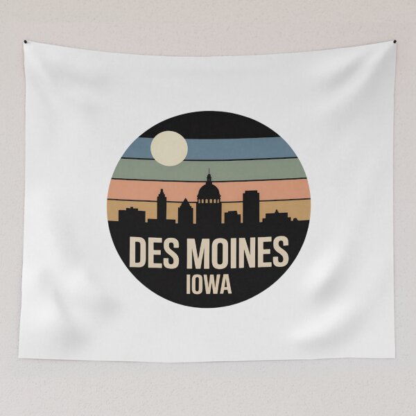 Item preview, Des Moines Iowa: Retro Blue Green Orange Sunset Skyline Badge designed and sold by CircinusStore.