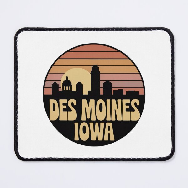Item preview, Des Moines Iowa: Retro Orange Pink Brown Sunset Skyline Badge designed and sold by CircinusStore.