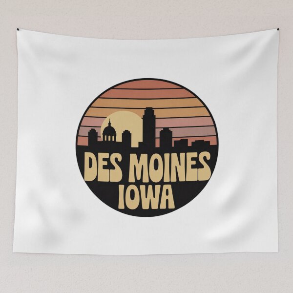 Item preview, Des Moines Iowa: Retro Orange Pink Brown Sunset Skyline Badge designed and sold by CircinusStore.