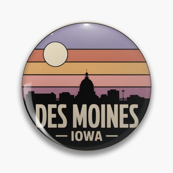 Item preview, Des Moines Iowa: Retro Purple Pink Orange Sunset Skyline Badge designed and sold by CircinusStore.