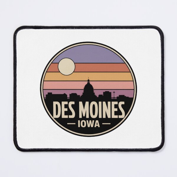 Item preview, Des Moines Iowa: Retro Purple Pink Orange Sunset Skyline Badge designed and sold by CircinusStore.
