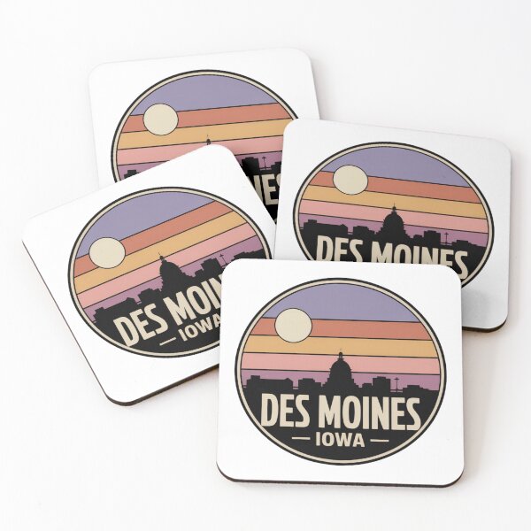 Item preview, Des Moines Iowa: Retro Purple Pink Orange Sunset Skyline Badge designed and sold by CircinusStore.
