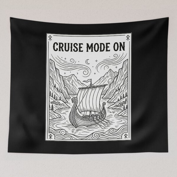 Item preview, Cruise Mode On – Viking Ship, Nordic Fjords, Tattoo Line Art designed and sold by MystfjordTales.