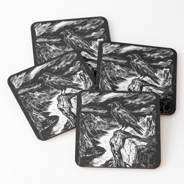 Item preview, Dark raven on fjord rocks – Sketched Nordic art designed and sold by MystfjordTales.