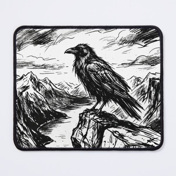 Item preview, Dark raven on fjord rocks – Sketched Nordic art designed and sold by MystfjordTales.