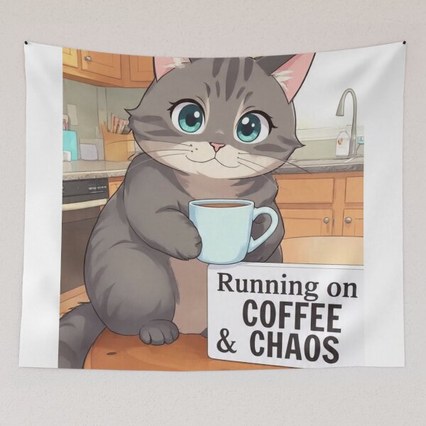 Item preview, Cat holding coffee : “Running on Coffee & Chaos” designed and sold by Utsav kadia.