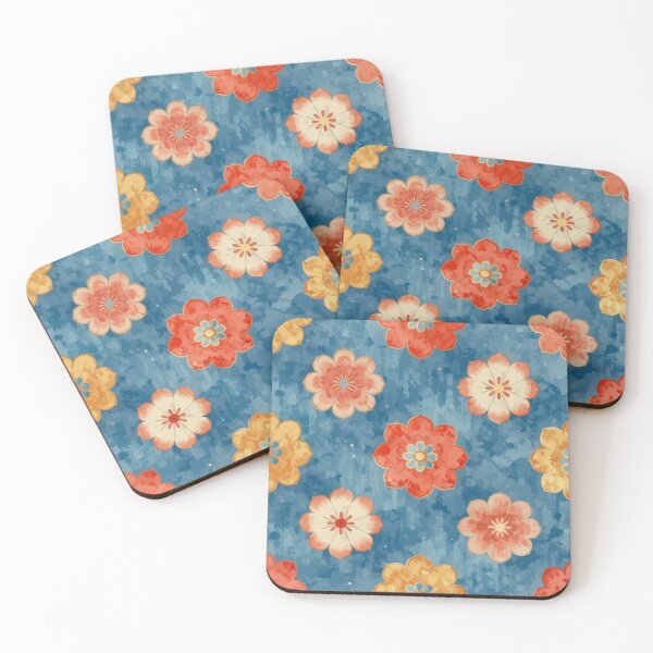 Item preview, Vintage Floral Seamless Pattern – Retro Orange Flowers on Textured Blue Background designed and sold by RidaSalArt.