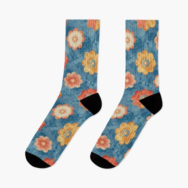 Item preview, Vintage Floral Seamless Pattern – Retro Orange Flowers on Textured Blue Background designed and sold by RidaSalArt.