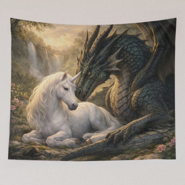 Item preview, Dragon and Unicorn – Fantasy Friendship, Magical Creatures, Dragon Art, Unicorn Art, Mythical Beasts, Peaceful Fantasy Scene, Epic Fantasy Illustration designed and sold by DrakariArt.