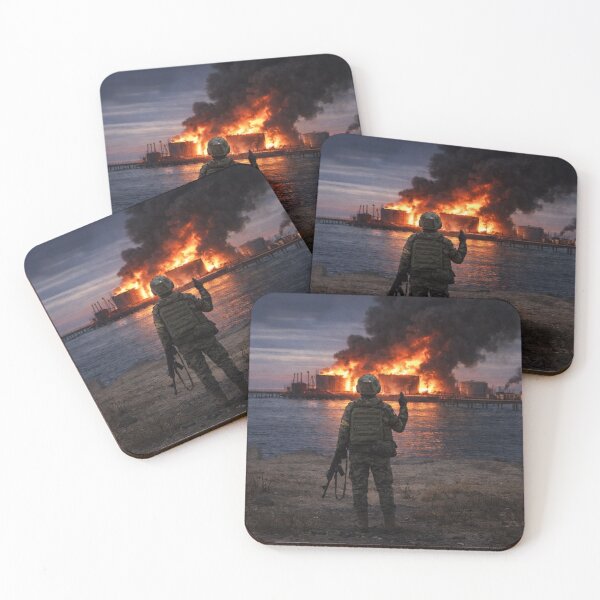 Item preview, Ukrainian Soldier in front of burning Russian Oil Facility with Coat of Arms designed and sold by _Fulcrum_.