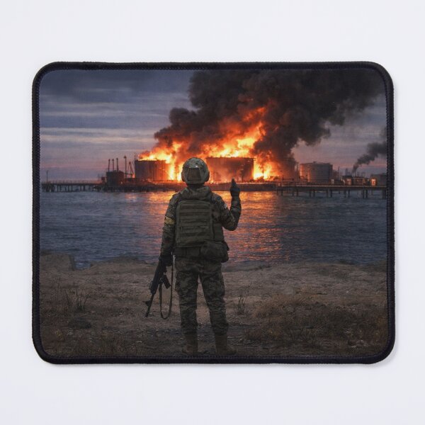 Item preview, Ukrainian Soldier in front of burning Russian Oil Facility with Coat of Arms designed and sold by _Fulcrum_.