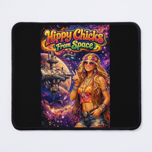 Item preview, Hippy Chicks From Space - Groovy Space Hippie Girl with Peace Sign & UFO Poster designed and sold by David Brookes Digital.