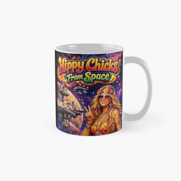Item preview, Hippy Chicks From Space - Groovy Space Hippie Girl with Peace Sign & UFO Poster designed and sold by David Brookes Digital.