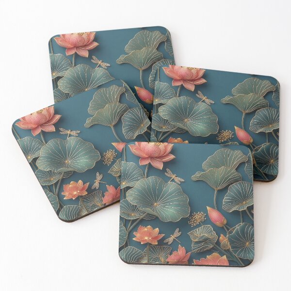 Item preview, Golden Veined Lotus Flowers on Teal designed and sold by 1111Miracle.