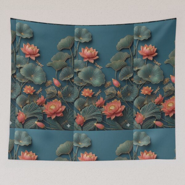 Item preview, Golden Veined Lotus Flowers on Teal designed and sold by 1111Miracle.