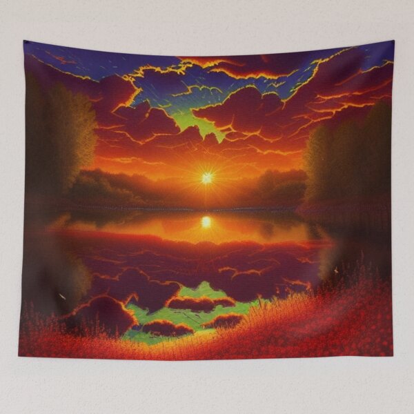 Item preview, Fiery sunlit sky over a still lake in intense, surreal colors and a magical atmosphere designed and sold by FotoworldEdel.