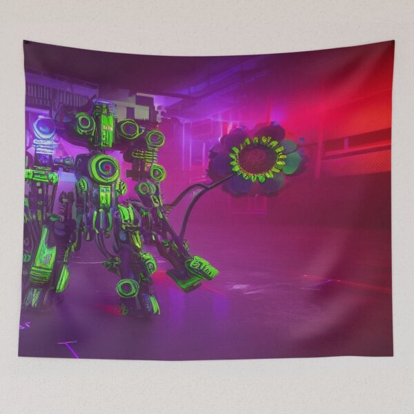 Item preview, Futuristic neon robot with a glowing flower and intense sci-fi imagination designed and sold by FotoworldEdel.