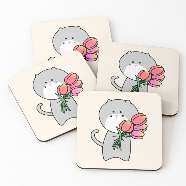 Item preview, Cute Grey Cat Holding a Pink Tulip Bouquet designed and sold by ubborn.