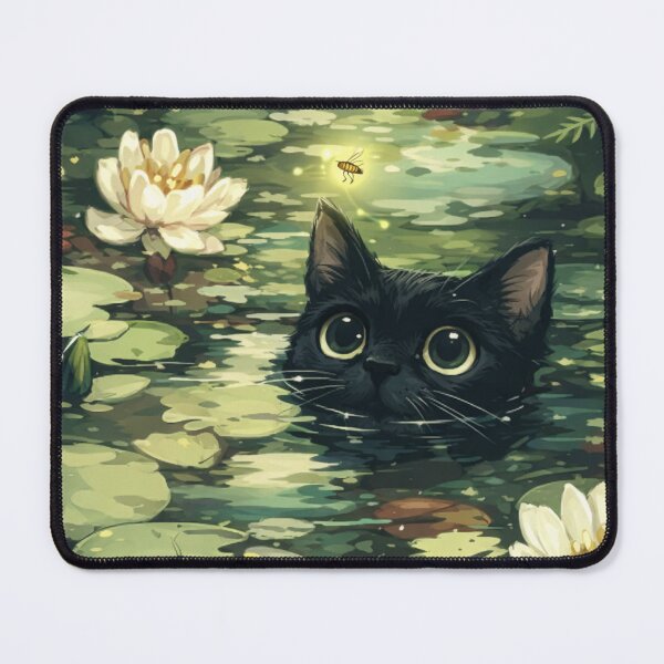 Item preview, Whimsical Black Cat in Pond with Water Lilies Art designed and sold by DVNarts.