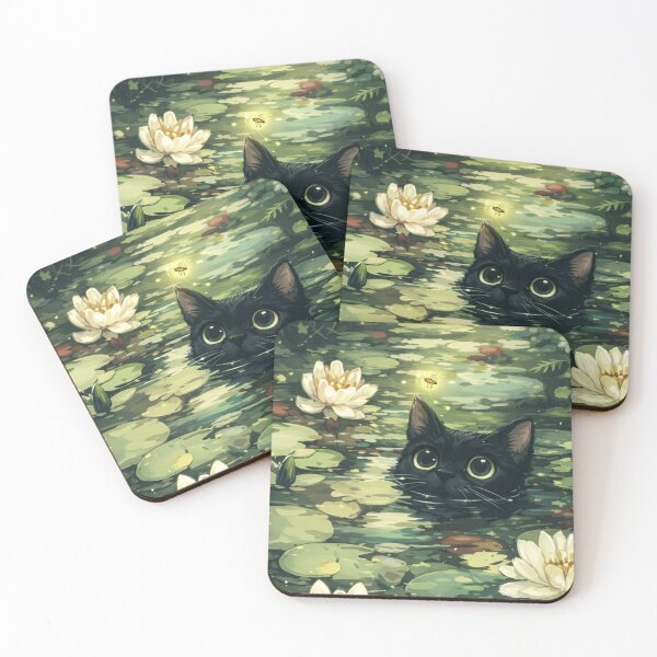 Item preview, Whimsical Black Cat in Pond with Water Lilies Art designed and sold by DVNarts.