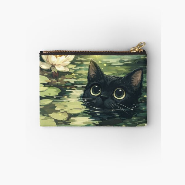Item preview, Whimsical Black Cat in Pond with Water Lilies Art designed and sold by DVNarts.