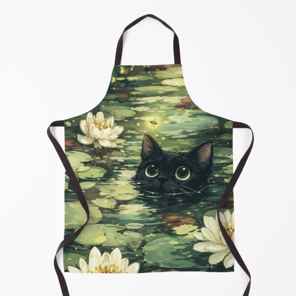 Item preview, Whimsical Black Cat in Pond with Water Lilies Art designed and sold by DVNarts.