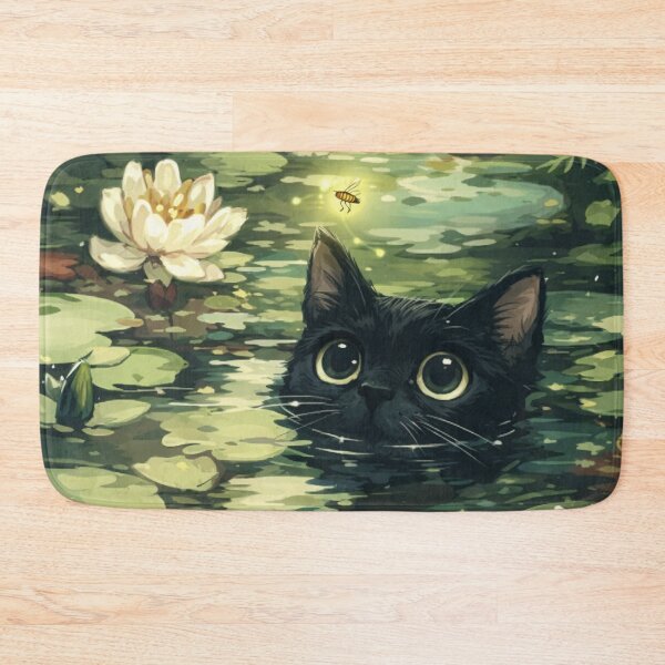 Item preview, Whimsical Black Cat in Pond with Water Lilies Art designed and sold by DVNarts.