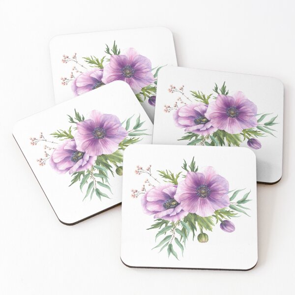 Item preview, Purple flowers Anemone with eucalyptus branches. Watercolor blooming bouquet designed and sold by BartolArt.
