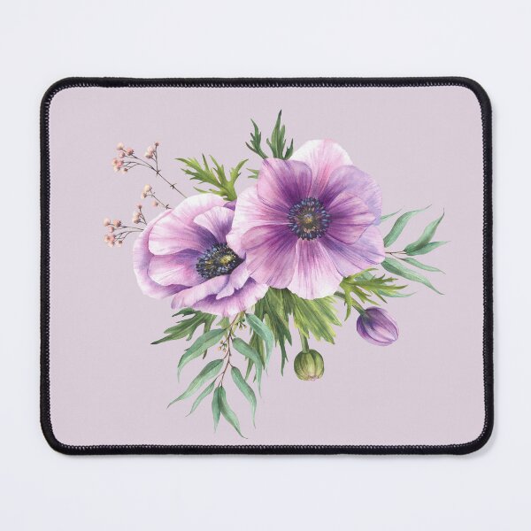 Item preview, Purple flowers Anemone with eucalyptus branches. Watercolor blooming bouquet designed and sold by BartolArt.