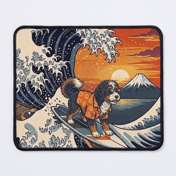 Item preview, Funny Bernedoodle Surfer Kanagawa Wave Japanese Sunset Vintage Mom Dad Kids designed and sold by FurryHavenPH.