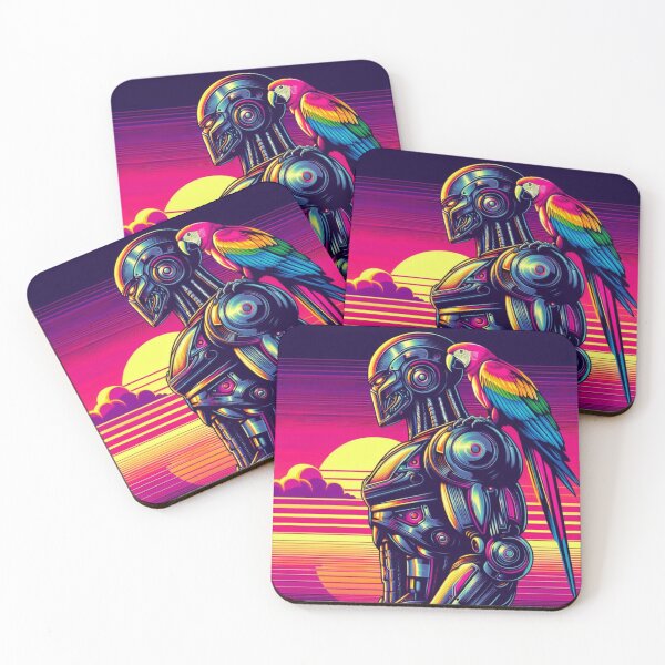 Item preview, "Neon Robot and Parrot Sunset" designed and sold by Dogandesighn.