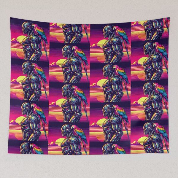 Item preview, "Neon Robot and Parrot Sunset" designed and sold by Dogandesighn.