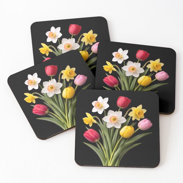 Item preview, Yellow White Red Spring Tulip Daffodil Bouquet on Black Shapes Mania designed and sold by Shapes-Mania.
