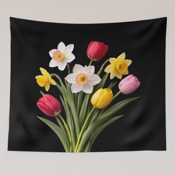 Item preview, Yellow White Red Spring Tulip Daffodil Bouquet on Black Shapes Mania designed and sold by Shapes-Mania.