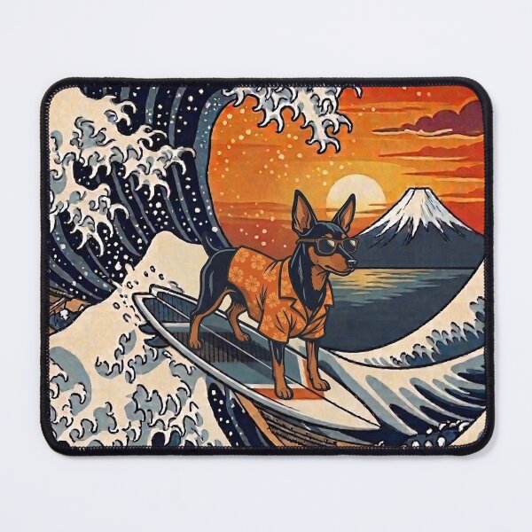 Item preview, Funny Miniature Pinscher Surfer Kanagawa Wave Japanese Sunset Vintage Mom Dad Kids designed and sold by FurryHavenPH.