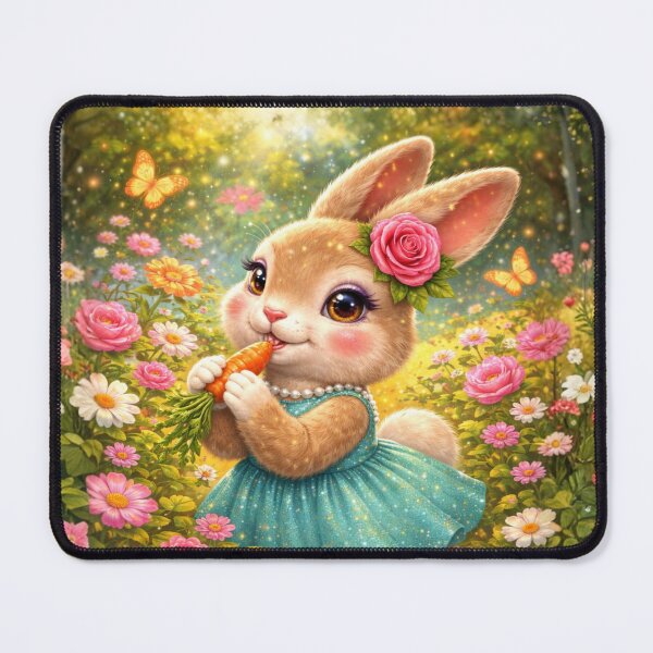 Artikelvorschau, Niedliches Häschen im Blumengarten | Verspielte Frühlings-Fantasy-Illustration mit Kaninchen entworfen und verkauft von Edenglow Prints & Peculiars.