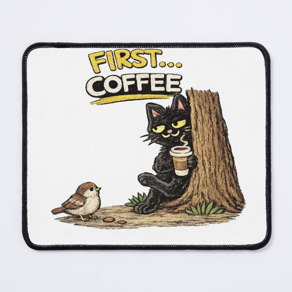 Item preview, First… Coffee – Sneaky Cat Watching Bird Funny Design designed and sold by IrynaLineArt.