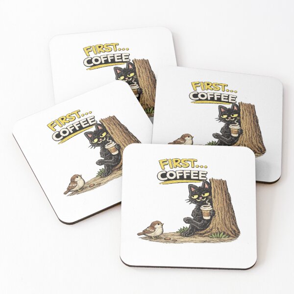 Item preview, First… Coffee – Sneaky Cat Watching Bird Funny Design designed and sold by IrynaLineArt.