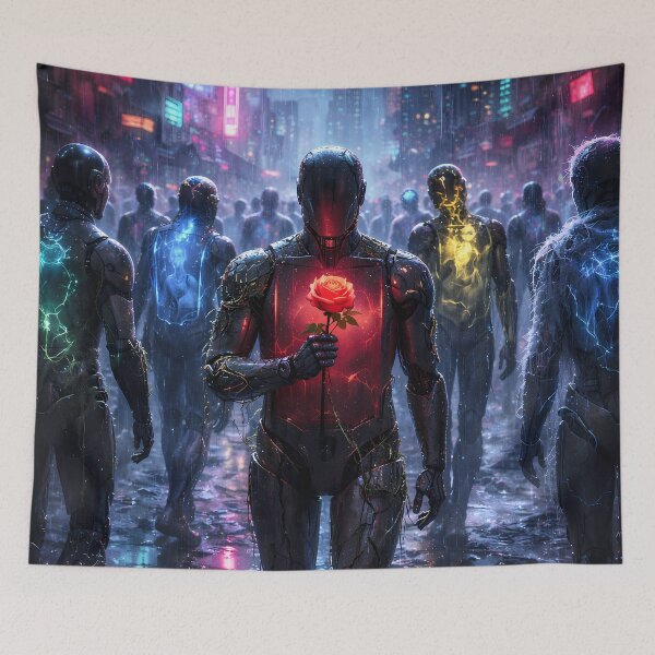 Item preview, Cyberpunk Emotion – Robot Holding Red Rose Art designed and sold by KnitOfShadoF.