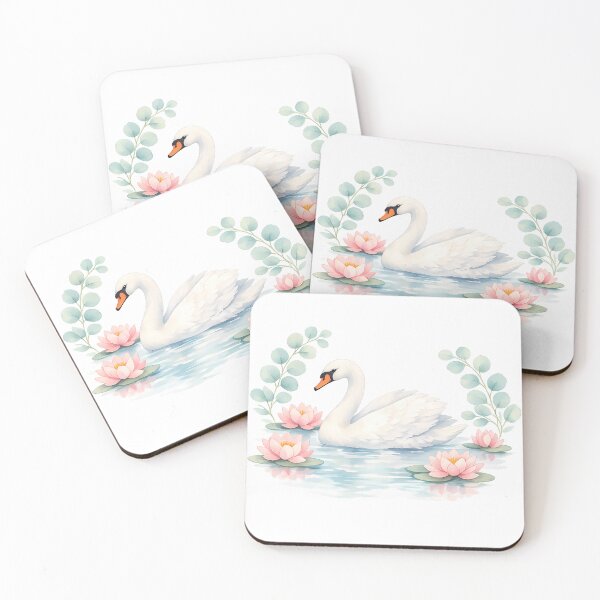 Item preview, White Swan with Lotus Flowers and Eucalyptus — Pastel Watercolor Botanical Art designed and sold by Art-Selling.