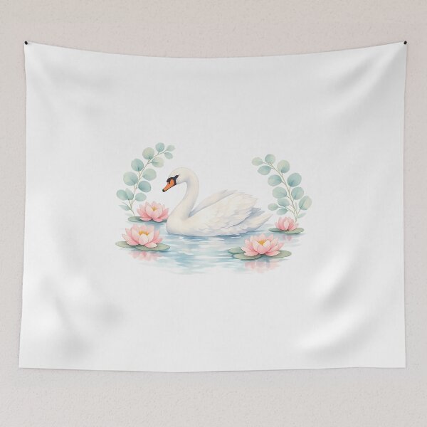Item preview, White Swan with Lotus Flowers and Eucalyptus — Pastel Watercolor Botanical Art designed and sold by Art-Selling.
