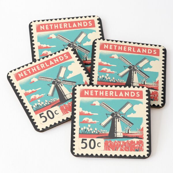 Item preview, Vintage Netherlands Postage Stamp Art - Windmill & Tulip Fields designed and sold by tiigerdad.