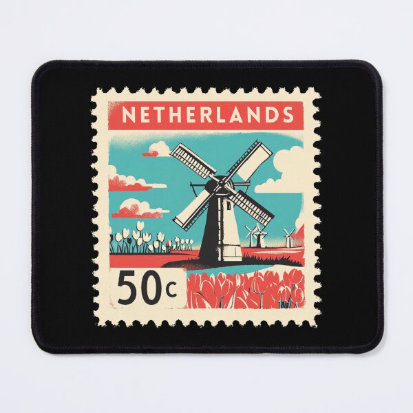 Item preview, Vintage Netherlands Postage Stamp Art - Windmill & Tulip Fields designed and sold by tiigerdad.