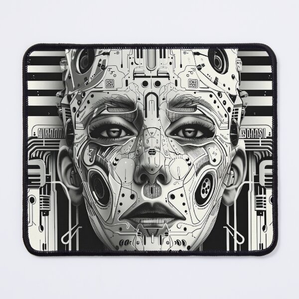 Item preview, Cybernetic Face – Monochrome Futuristic Portrait designed and sold by PlanetBPop.